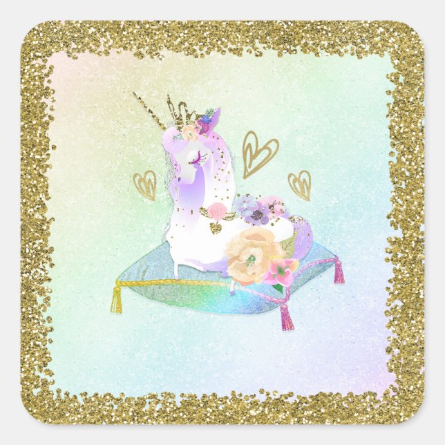 Unicorn Princess Iridescent Rainbow Pastel Party Square Sticker (Front)