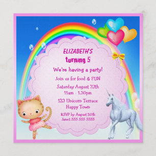 Unicorn, Princess Kitty & Rainbow Party Invites