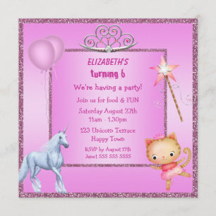 Unicorn, Princess Kitty, Tiara & Glitter Invites