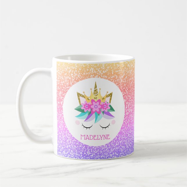 Unicorn Princess Rainbow Glitter Personalised Name Coffee Mug (Left)