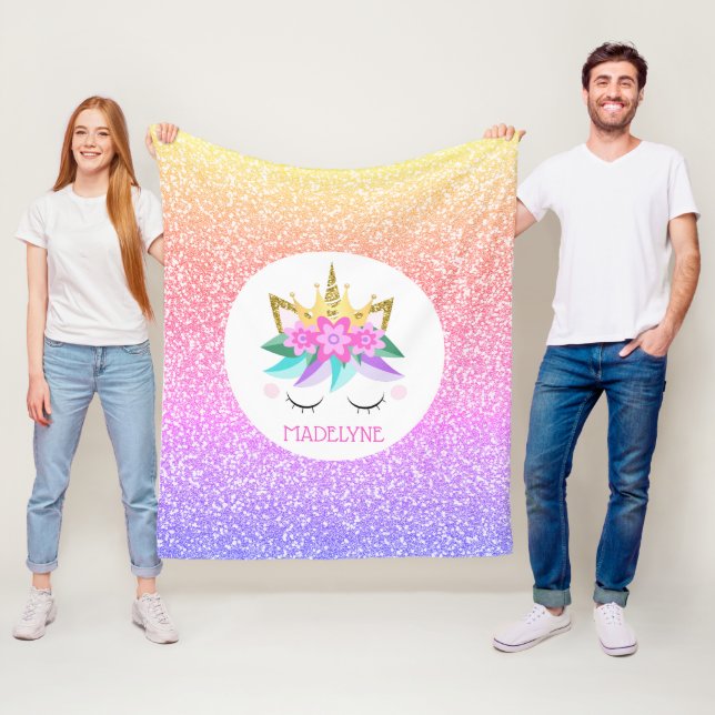 Unicorn Princess Rainbow Glitter Personalised Name Fleece Blanket (In Situ)