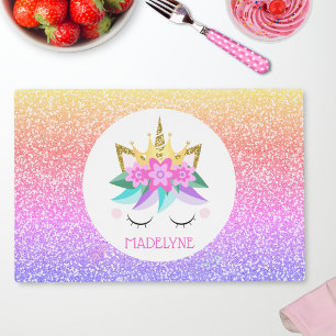 Unicorn Princess Rainbow Glitter Personalised Name Laminated Place Mat
