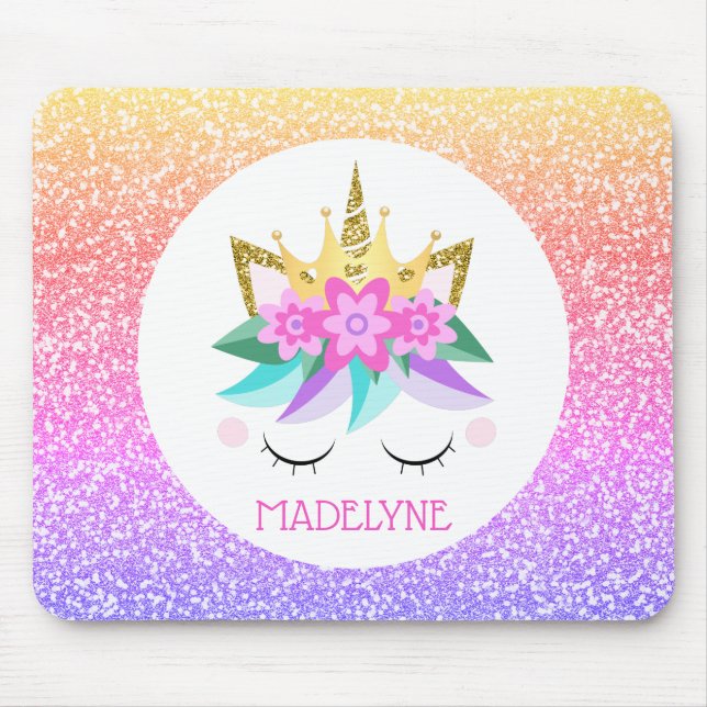 Unicorn Princess Rainbow Glitter Personalised Name Mouse Mat (Front)