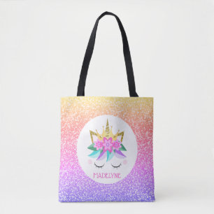 Unicorn Princess Rainbow Glitter Personalised Name Tote Bag