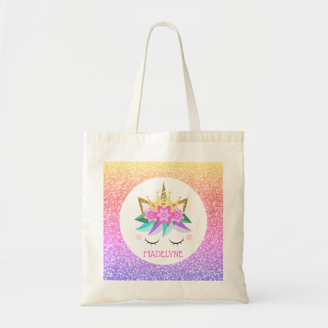 Unicorn Princess Rainbow Glitter Personalised Name Tote Bag (Front)