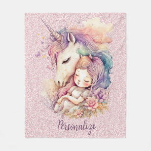 Unicorn Princess Sleep in Flowers Pink Glitter Fleece Blanket