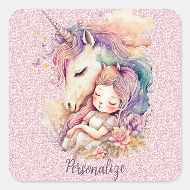 Unicorn Princess Sleep in Flowers Pink Glitter Square Sticker (Front)