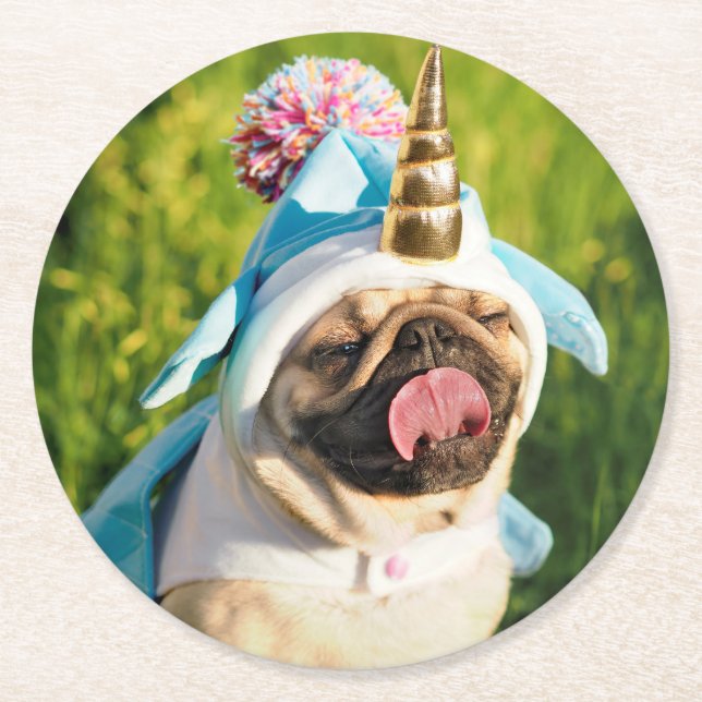 Unicorn Pug Round Paper Coaster (Front)