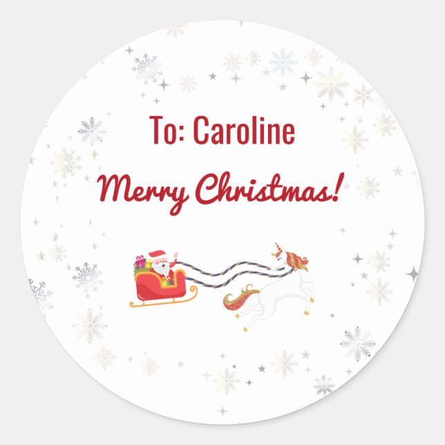 Unicorn Pulling Santa's Sleigh Name Merry Xmas Classic Round Sticker (Front)