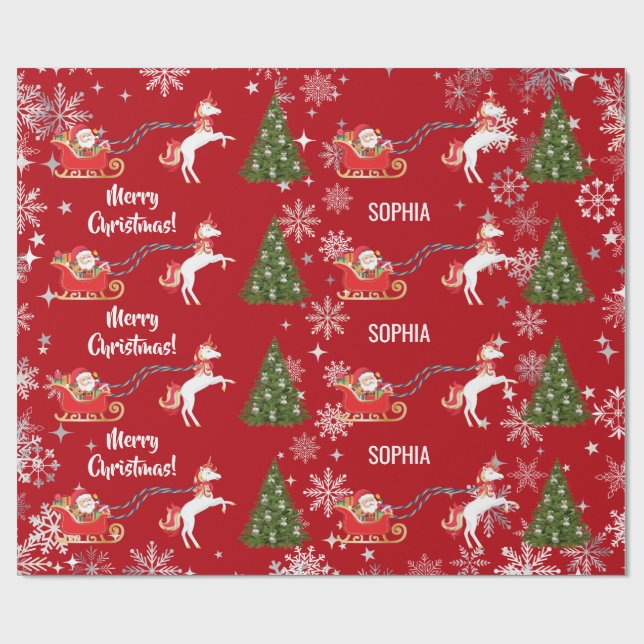 Unicorn Pulling Santa's Sleigh Snow Personalised  Wrapping Paper (Flat)