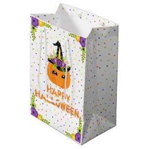 Unicorn Pumpkin Floral Happy Halloween White Mediu Medium Gift Bag