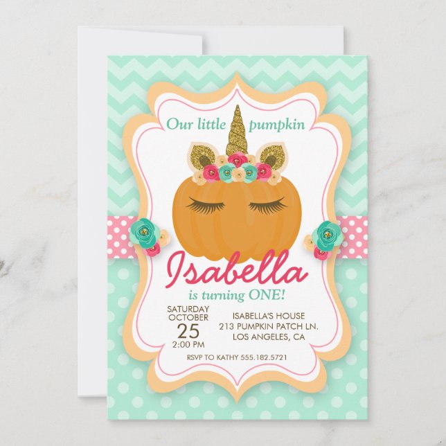 Unicorn Pumpkin Girl's Birthday Party Invitation (Front)