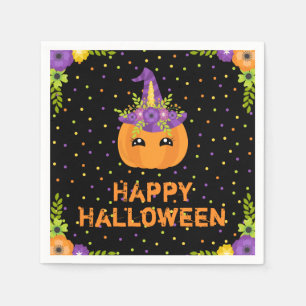 Unicorn Pumpkin Happy Halloween Black Napkins