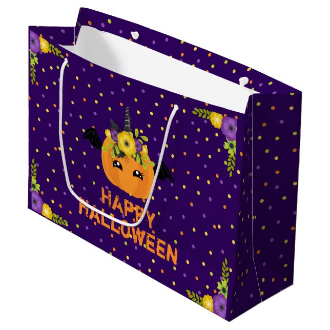 Unicorn Pumpkin Happy Halloween Purple Large Gift  Large Gift Bag (Front Angled)