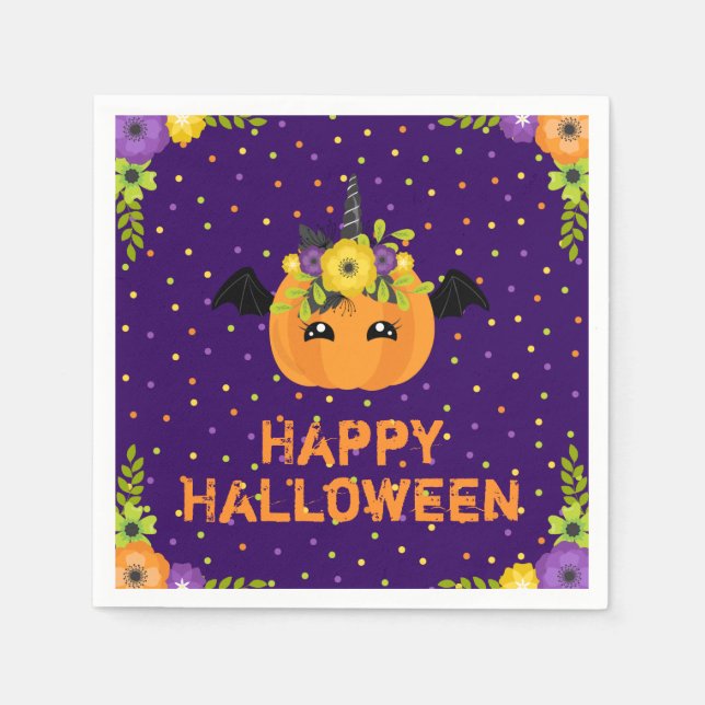 Unicorn Pumpkin Happy Halloween Purple Napkins (Front)