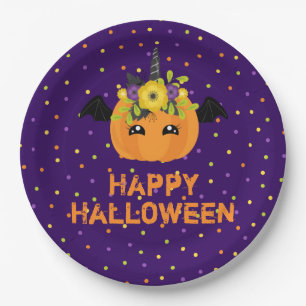 Unicorn Pumpkin Happy Halloween Purple Paper Plate