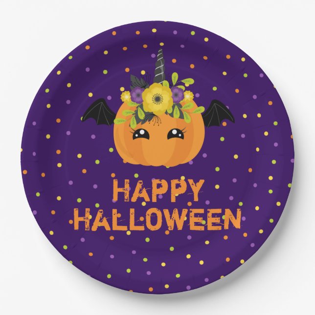 Unicorn Pumpkin Happy Halloween Purple Paper Plate (Front)