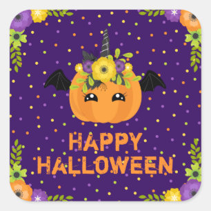 Unicorn Pumpkin Happy Halloween Purple Square Stic Square Sticker