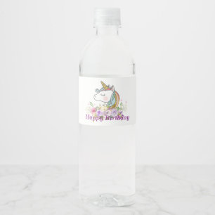 unicorn, purple floral, water bottle label