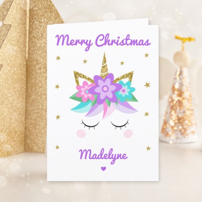 Unicorn Purple Flowers Christmas Personalised Name Holiday Card (Creator Uploaded)