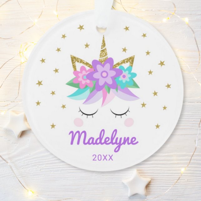 Unicorn Purple Flowers Stars Personalised Name Ornament (Creator Uploaded)