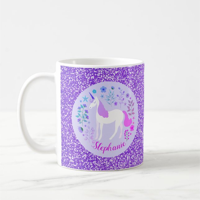 Unicorn Purple Glitter Personalised Name Coffee Mug (Left)