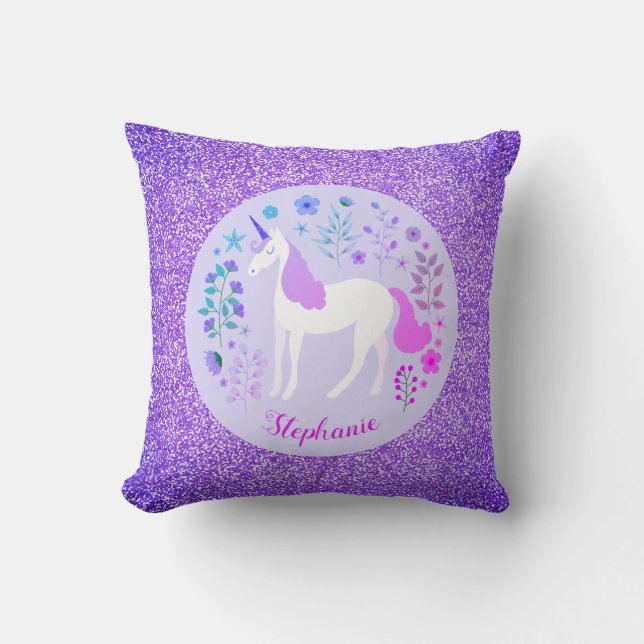 Unicorn Purple Glitter Personalised Name Cushion (Front)
