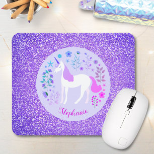 Unicorn Purple Glitter Personalised Name Mouse Mat