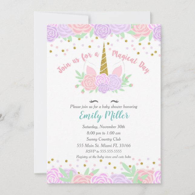 Unicorn purple gold pink baby shower invitation (Front)