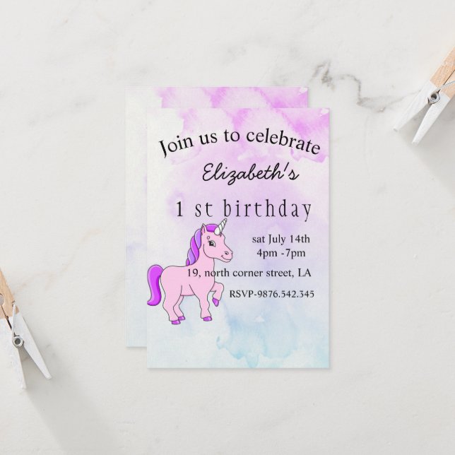 unicorn purple magic birthday invitation  (Front/Back In Situ)