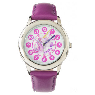 Unicorn purple pink art kids easy read clock watch