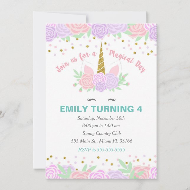 Unicorn Purple Pink Birthday Invitation (Front)