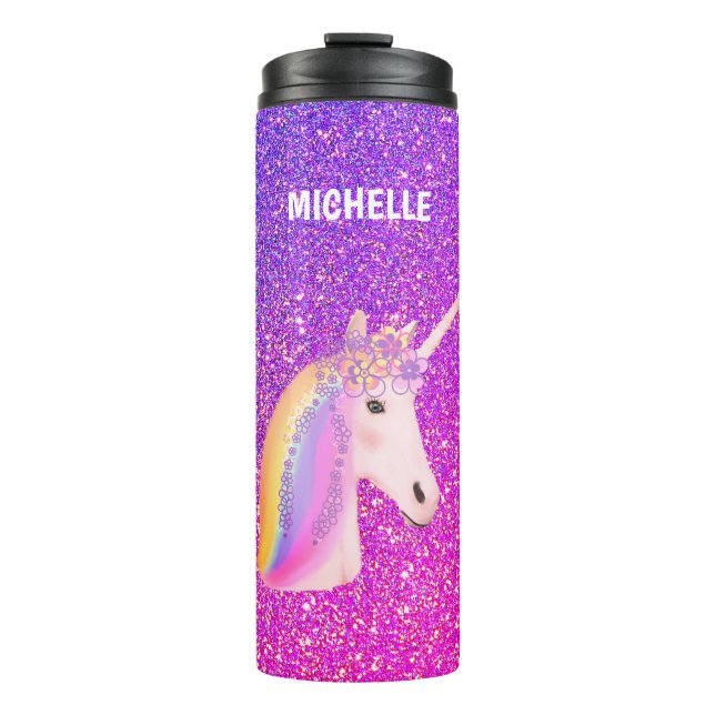 Unicorn Purple Pink Glitter Personalised Thermal Tumbler (Front)