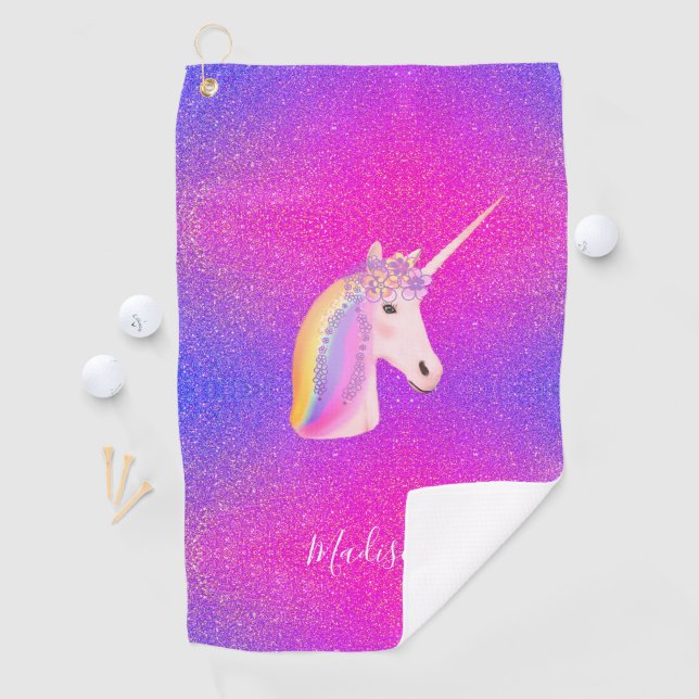 Unicorn Purple Pink Glitter Sparkles Personalised Golf Towel (InSitu)