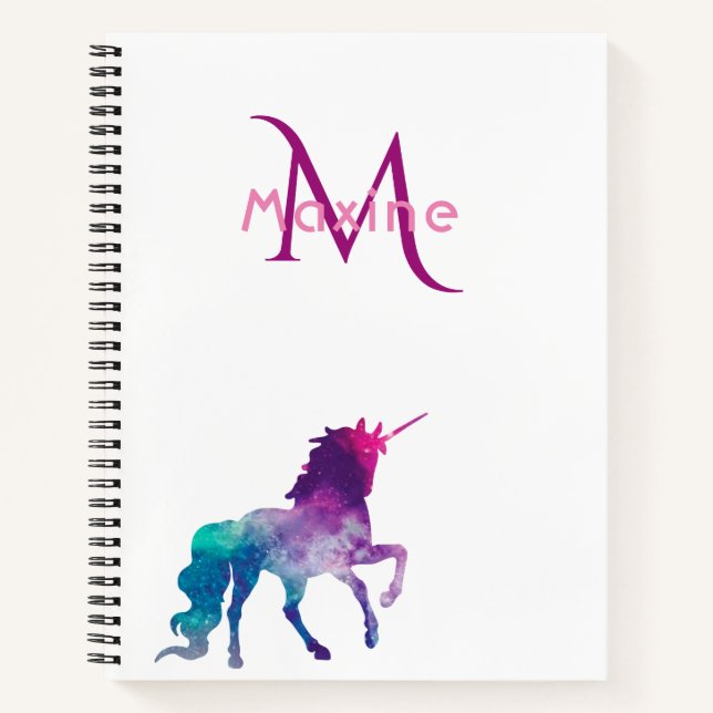 Unicorn purple pink white monogram notebook (Front)