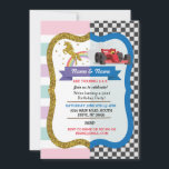 Unicorn & Race Car Joint Boy Girl Birthday Invites<br><div class="desc">Unicorn & Race Car shared party invitation. Perfect for 2 children with 2 interests!
Fun invite for any age! Back print included.</div>