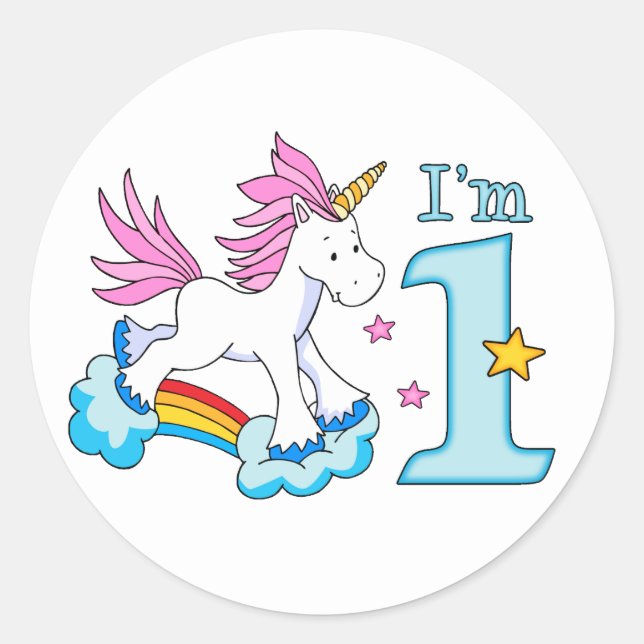Unicorn Rainbow 1st Birthday Classic Round Sticker (Front)