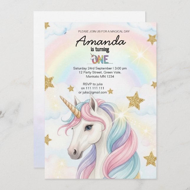 Unicorn Rainbow 1st Birthday Party Invitation (Front/Back)
