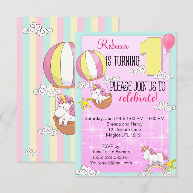 Unicorn Rainbow 1st Birthday Party Invitation (Front/Back)