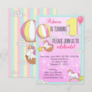 Unicorn Rainbow 1st Birthday Party Invitation