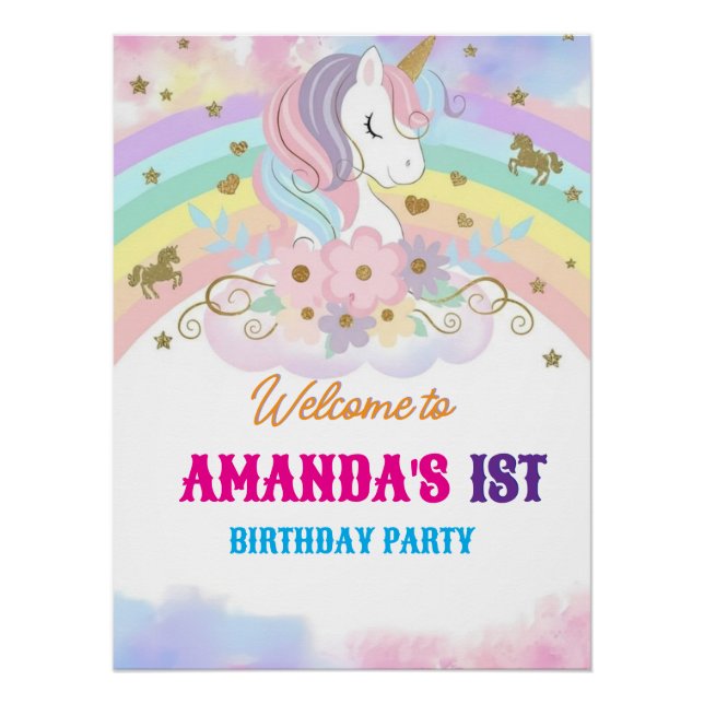 Unicorn Rainbow 1st Birthday Party Welcome Sign (Front)