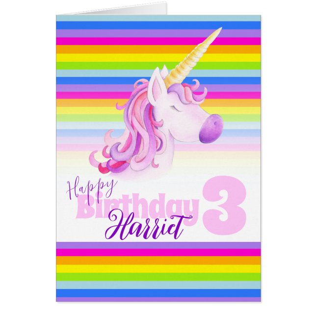 Unicorn rainbow 3rd personalised birthday card (Front)