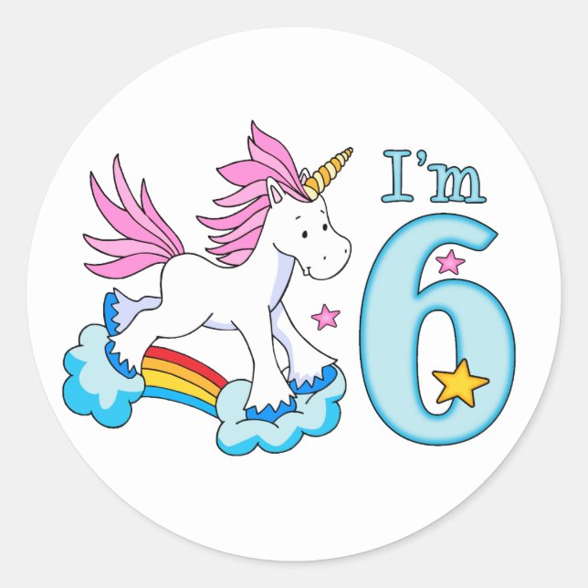 Unicorn Rainbow 6th Birthday Classic Round Sticker (Front)