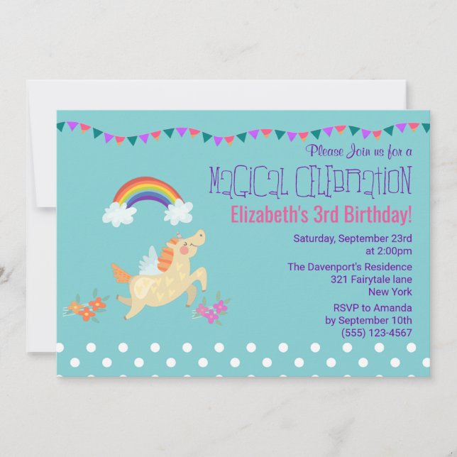 Unicorn Rainbow and Clouds Birthday Invite (Front)
