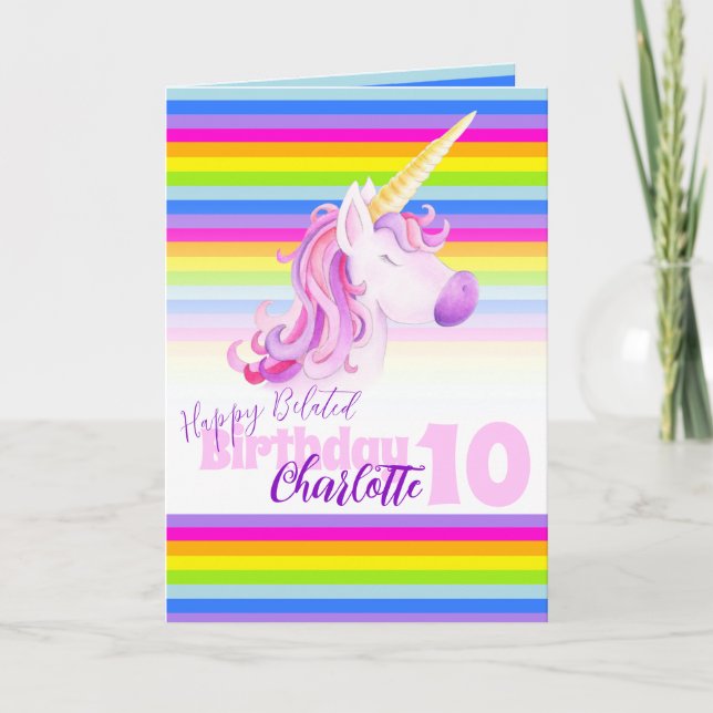 Unicorn rainbow belated 10th Birthday card (Front)