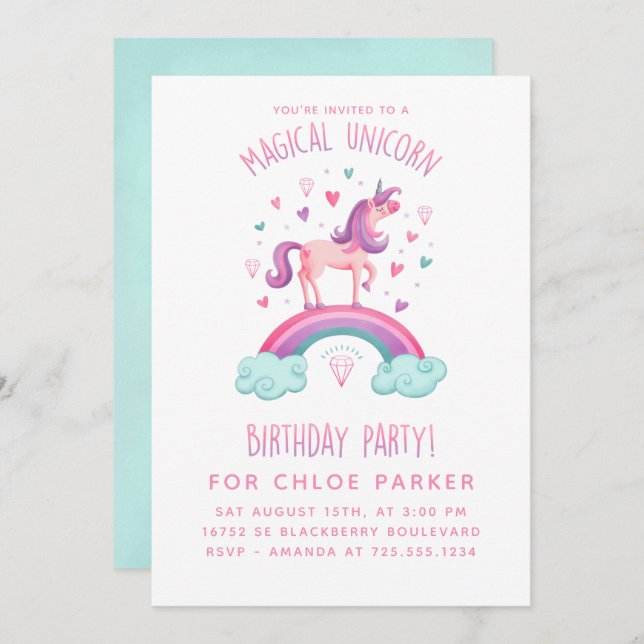 Unicorn Rainbow Birthday Invitation (Front/Back)