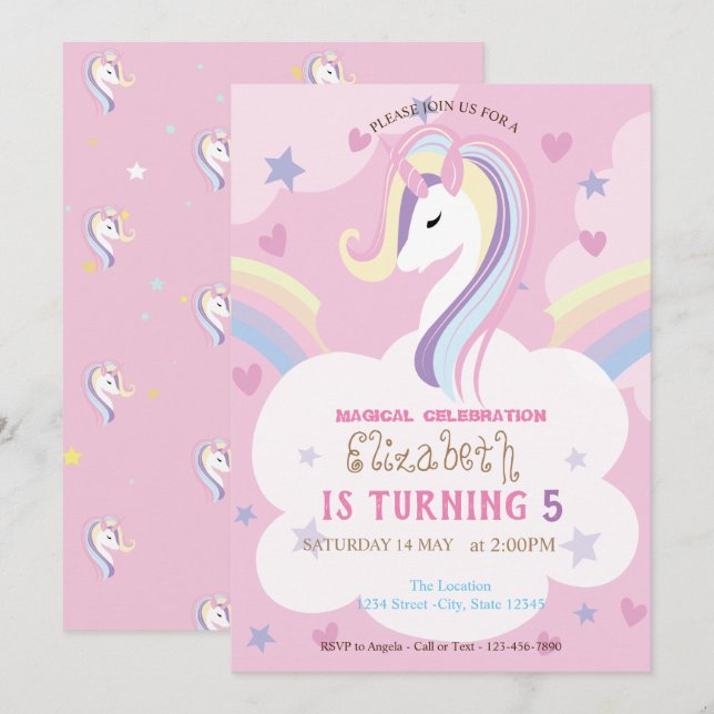 Unicorn Rainbow Birthday Invitation (Front/Back)