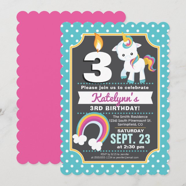 Unicorn & Rainbow Birthday Invitation Girl (Front/Back)