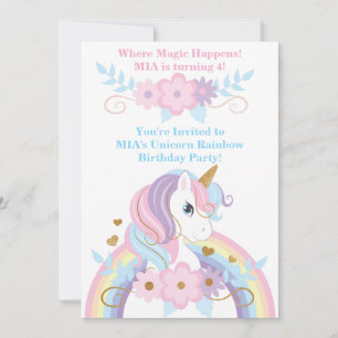Unicorn Rainbow Birthday Invitation Girl Editable