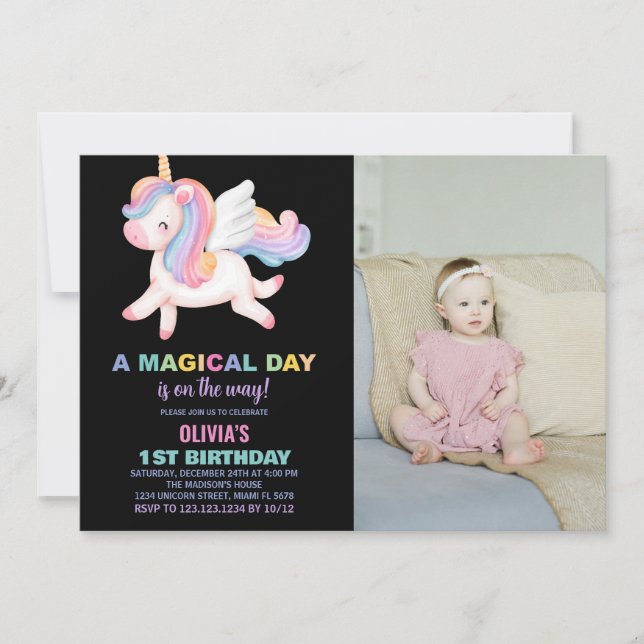 Unicorn Rainbow Birthday Invitations with photo (Front)